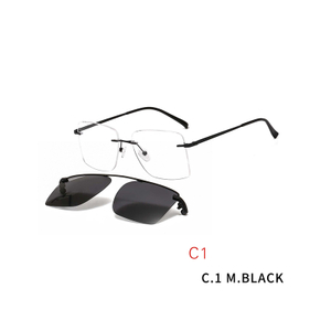 2 In 1 Men Magnet Clip on Glasses Rimless Optical Prescription Eyewear Frames Eyeglasses