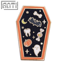 Custom Orange Coffin Shape Design Lapel Pin Halloween Cute Cartoon Hard Enamel Gold Metal Black Glitter Badge For Gift