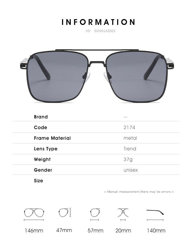 Luxury Brand Designer Fashion Metal Sunglasses Square Sunglasses Double Bridge Sunglasses