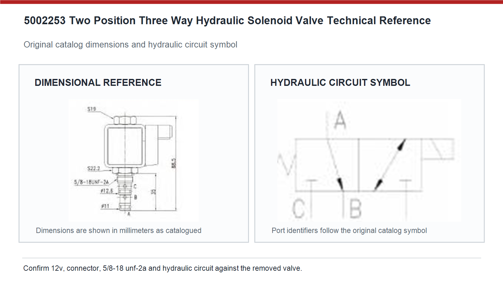 5002253 Dimensiones de la v&aacute;lvula solenoide hidr&aacute;ulica universal de dos posiciones y tres v&iacute;as y diagrama del circuito hidr&aacute;ulico