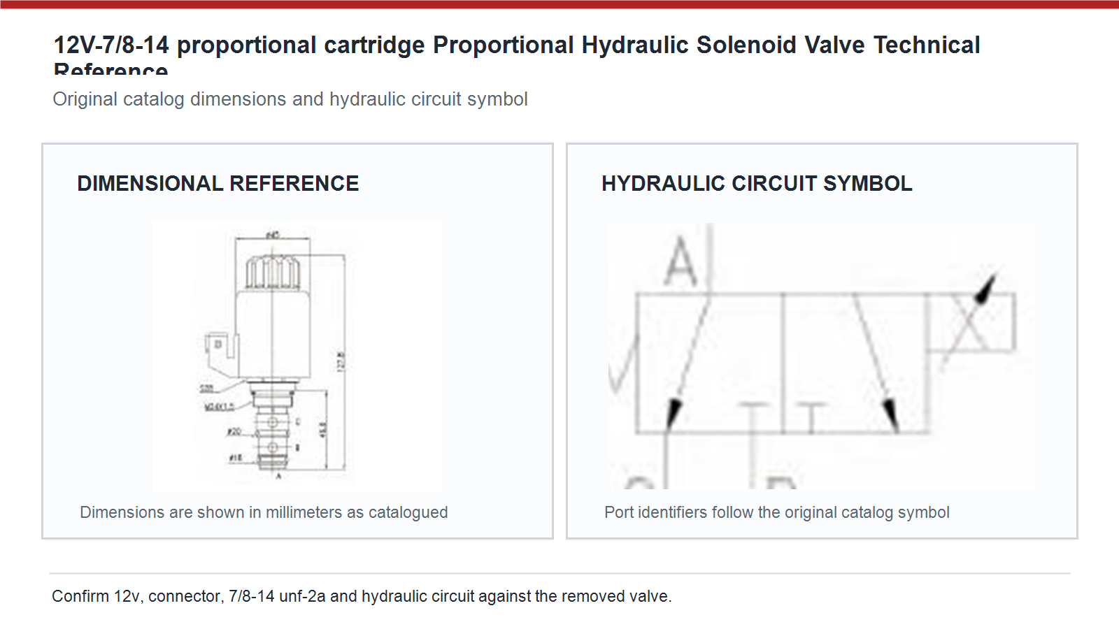 12V-7/8-14 proportional patron Universal proportional hydraulisk magnetventil dimensioner og hydraulisk kredsl&oslash;bsdiagram