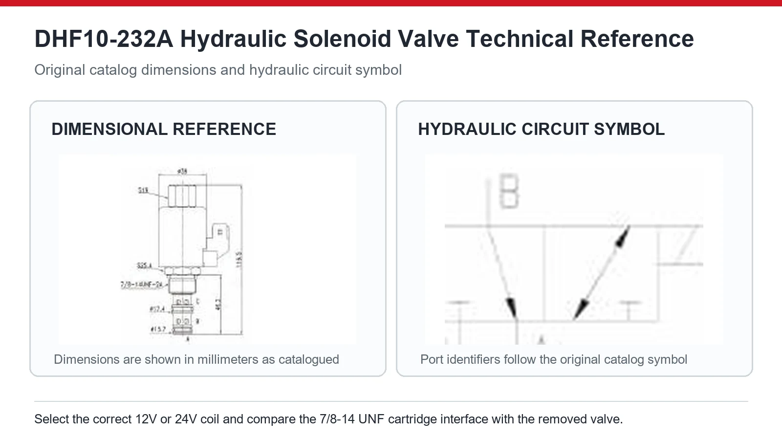 Dimensions et sch&eacute;ma de circuit de l'&eacute;lectrovanne hydraulique JCB DHF10-232A