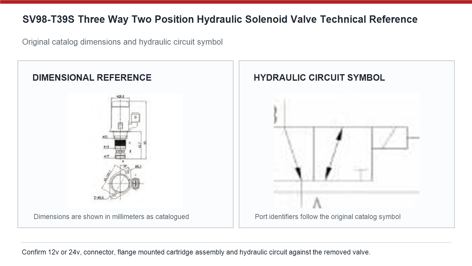 SV98-T39S Komatsu dimensiones de la v&aacute;lvula solenoide hidr&aacute;ulica de tres v&iacute;as y dos posiciones y diagrama del circuito hidr&aacute;ulico