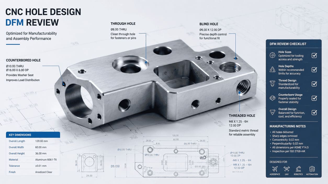 Composant en aluminium usin&eacute; CNC montrant les caract&eacute;ristiques de conception des trous traversants, des trous borgnes et des trous filet&eacute;s.jpg