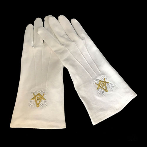 White Cotton Golden Square Compass Freemasons Glove