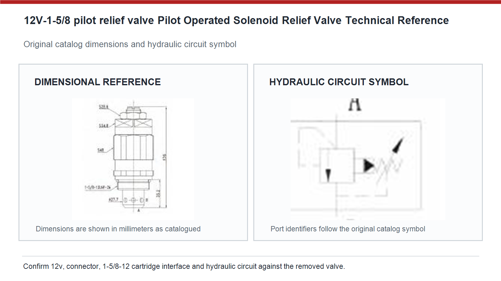 12V -1-5/8 pilot tahliye vanası Caterpillar pilotla &ccedil;alıştırılan solenoid tahliye vanası boyutları ve hidrolik devre şeması