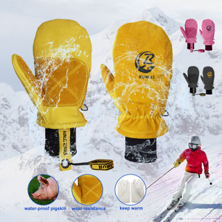 Yellow Pigskin Ski Gloves, Windproof & Warm for Outdoor Winter Sports