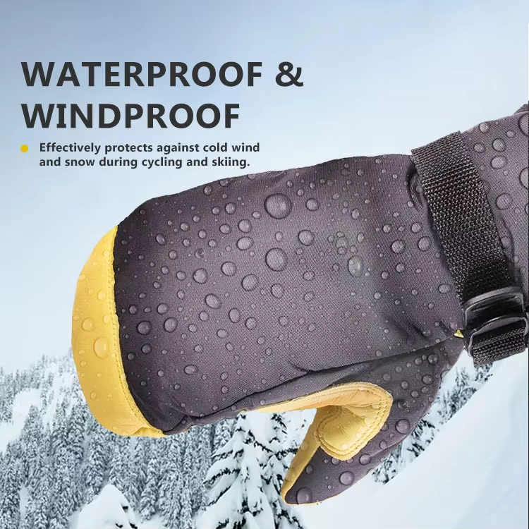 Yellow & Black Deerskin Ski Mittens, Waterproof Insulated Winter Snowboard Gloves