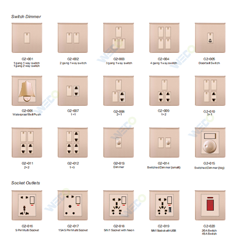 Multi Function 6+2 Pakistan Standard Wall Switch Socket With Champagne PC Frame 