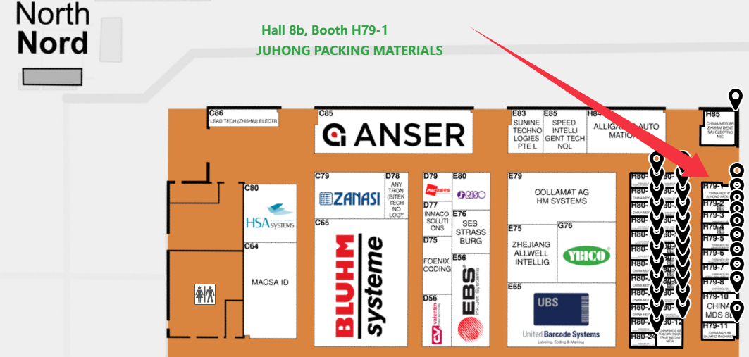 Plan officiel du plan d'&eacute;tage du hall 8b d'Interpack 2026, avec l'emplacement de Juhong Packing mis en &eacute;vidence sur le stand H79-1 pour les expositions sur l'acier industriel et le cerclage PET