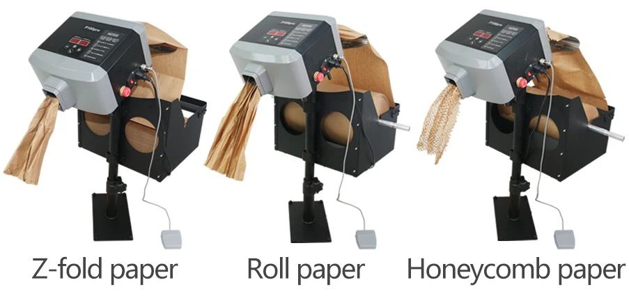 Rollo de papel kraft, papel plegado en Z y papel alveolar.