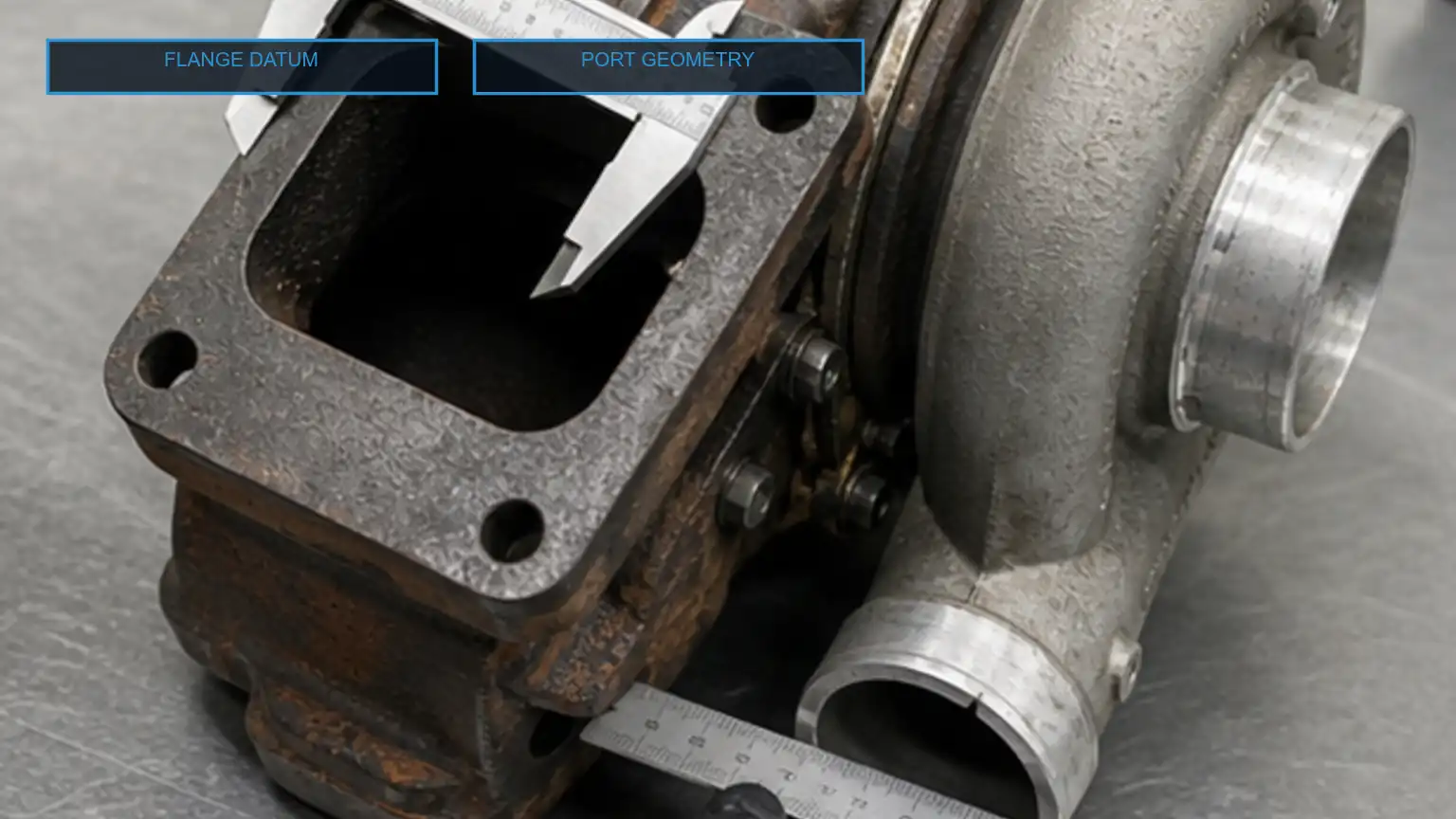Flange da turbina do turboalimentador para servi&ccedil;os pesados ​​e sa&iacute;da do compressor medidos com pin&ccedil;as e uma r&eacute;gua de a&ccedil;o em uma bancada de metrologia.