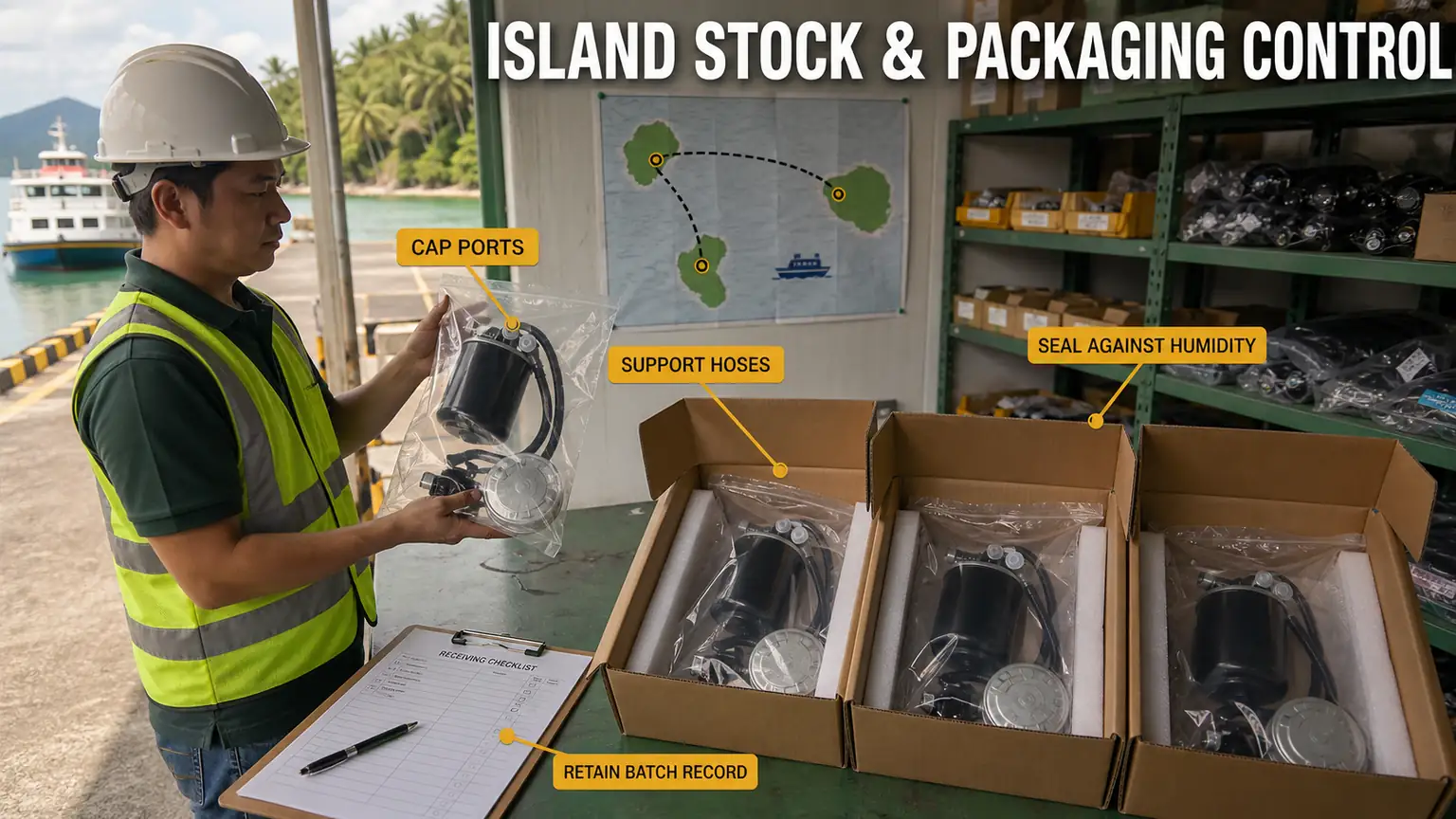 Filip&iacute;nsk&eacute; ostrovn&iacute; balen&iacute; palivov&eacute;ho filtru s uzavřen&yacute;mi porty, podepřen&yacute;mi hadicemi, těsněn&iacute;m proti vlhkosti a z&aacute;znamy šarž&iacute;
