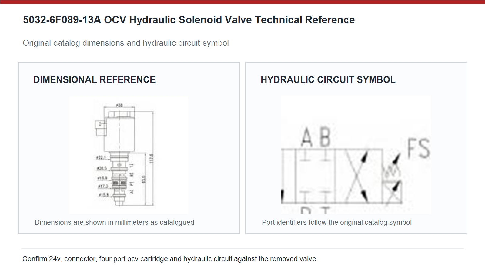 5032-6F089-13A Rozměry hydraulick&eacute;ho solenoidov&eacute;ho ventilu Caterpillar ocv a sch&eacute;ma hydraulick&eacute;ho obvodu
