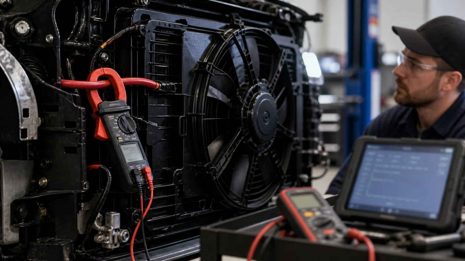 T&eacute;cnico midiendo la corriente CC del ventilador del radiador alrededor de un conductor de alimentaci&oacute;n mientras registra el comando de la herramienta de escaneo y el voltaje de suministro