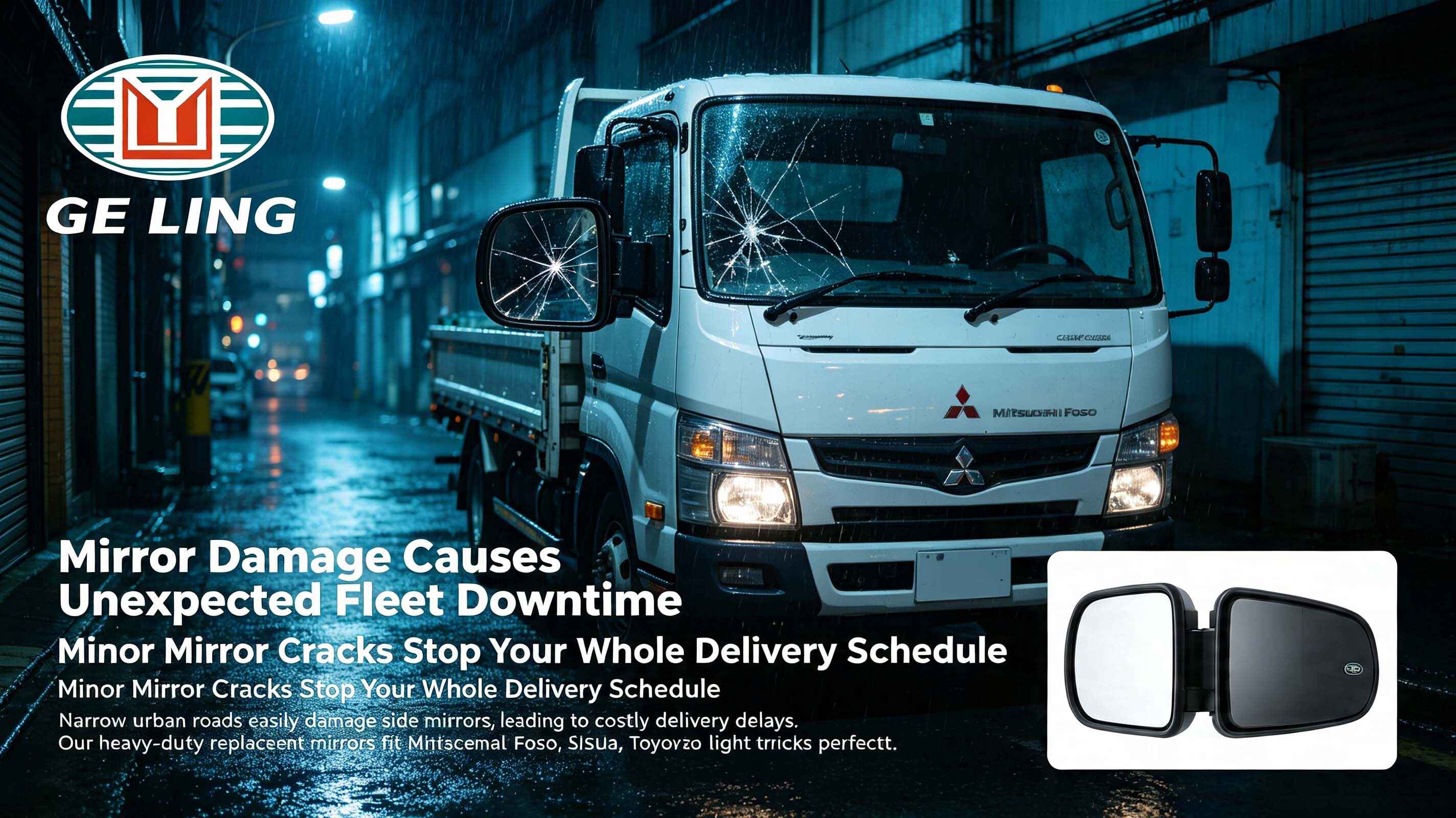 مرآة جانبية مكسورة في شاحنة التسليم Mitsubishi Fuso، مرآة الشاحنة البديلة GE LING.jpg