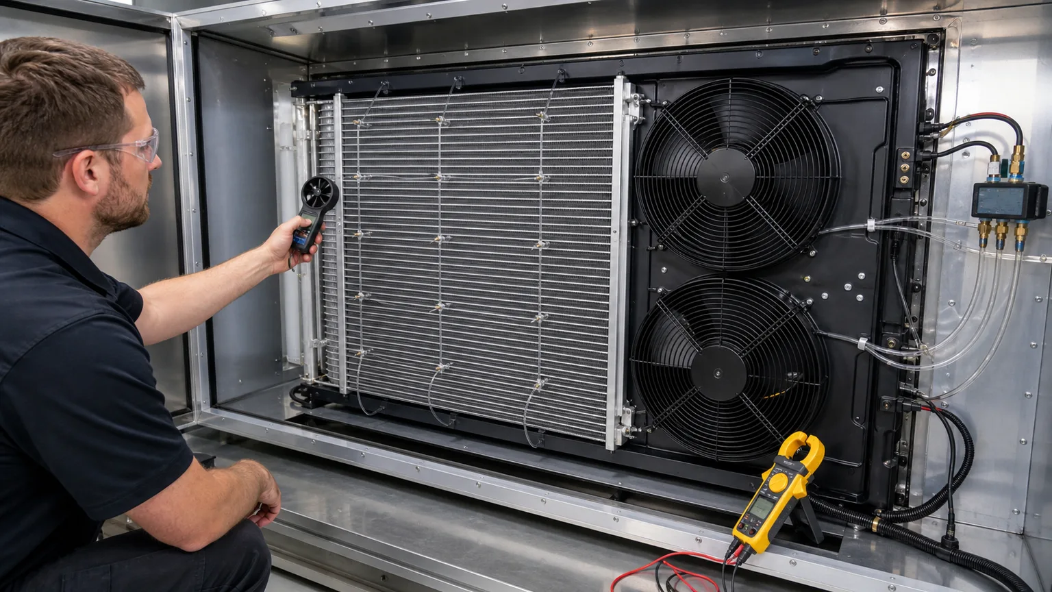 Zware AC-condensor en omhulde axiale ventilator getest in een luchtstroomlaboratorium met drukkranen, anemometerrooster en elektrische metingen