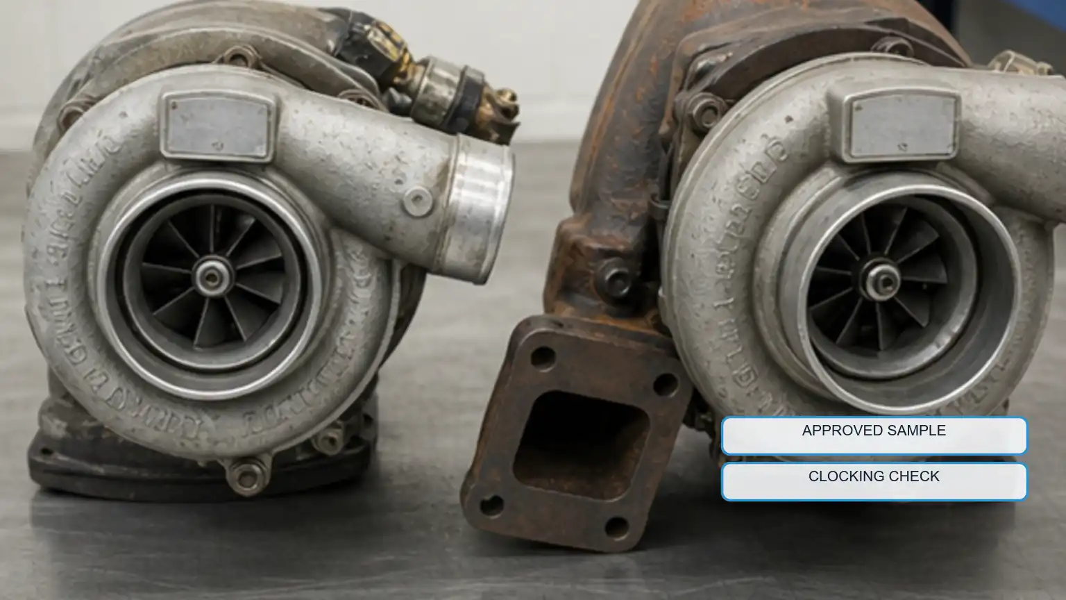 Dois turbocompressores para servi&ccedil;o pesado completos comparados lado a lado quanto &agrave; sincroniza&ccedil;&atilde;o da carca&ccedil;a, flange e orienta&ccedil;&atilde;o de sa&iacute;da.
