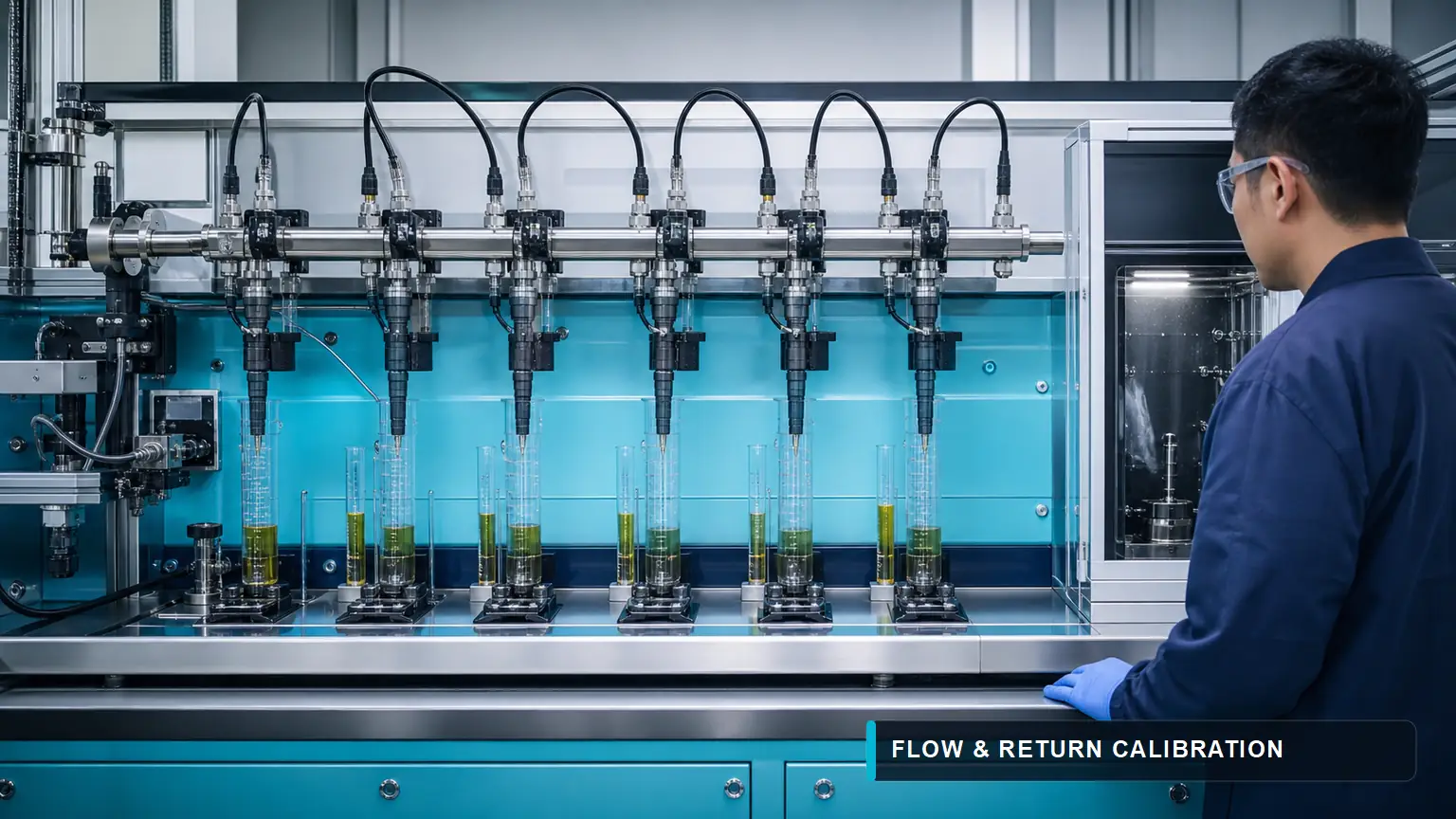 Common-rail dieselinjectoren op een cleanflow-bank met beschermde sproeikamer en cilinders met gegradueerd retourvolume