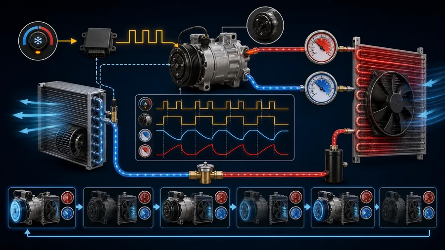 Catena di comando della frizione del compressore AC automobilistico dalla richiesta di controllo attraverso la bobina del rel&egrave; del sensore di pressione e il traferro della frizione