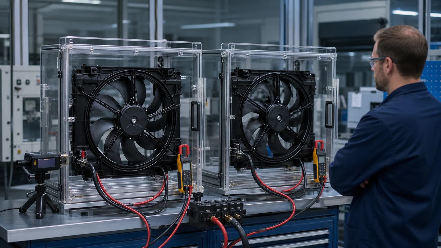 Dos conjuntos de ventiladores de radiador combinados en dispositivos de prueba protegidos para una comparaci&oacute;n controlada del voltaje y la velocidad actuales