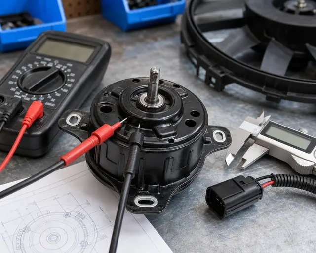 Pr&uuml;fstandstest des K&uuml;hlgebl&auml;semotors und Wellenmessung vor dem Gro&szlig;einkauf