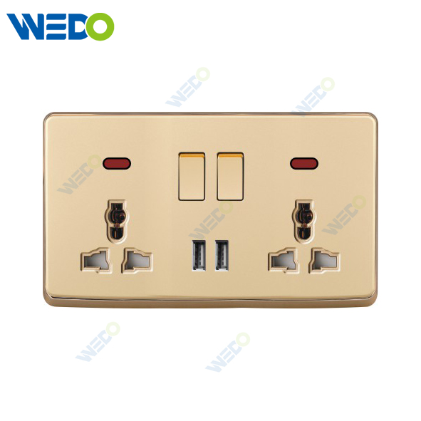 S1 Series Double 13A MF Switched Socket with LED Light Ring+2USB 250V Light Electric Wall Switch Socket 86*146cm PC Material with Chrome Frame Home Switches