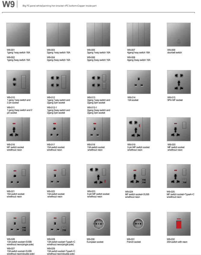 Small Button 20A 45A Exclusive Design Generous Appearance W9 Series Switch Socket 