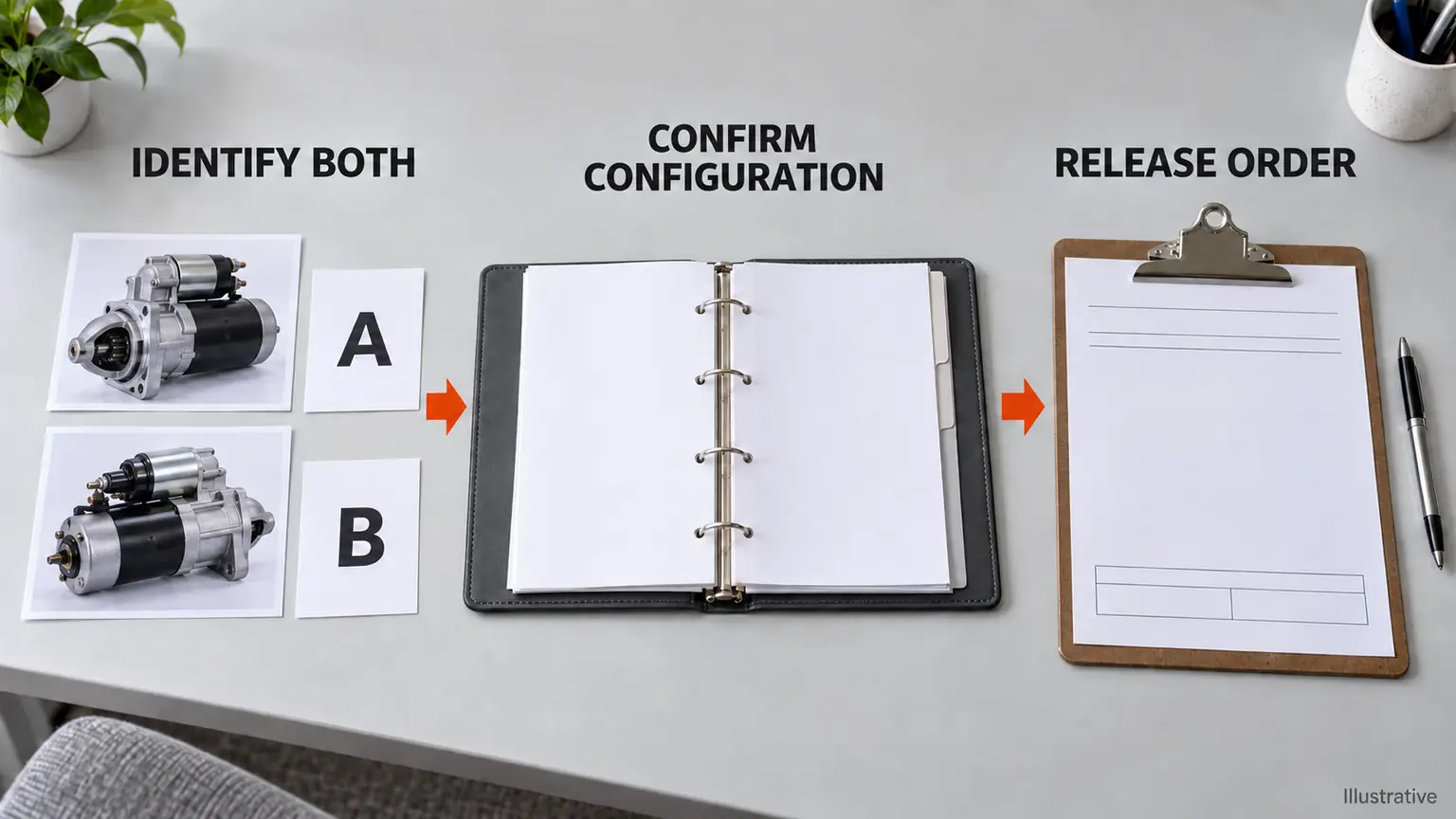 Fotografischer Workflow von zwei Starter-Identit&auml;tsdatens&auml;tzen bis hin zu einem Konfigurationsordner und einer nicht unterschriebenen Bestellung.