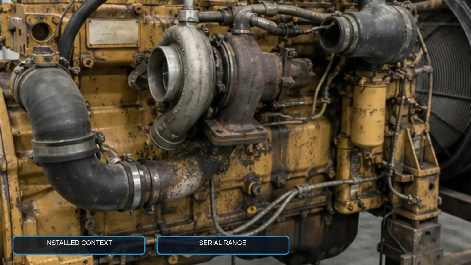 Motor diesel para servi&ccedil;o pesado estilo CAT 3406E com o turboalimentador instalado, tubula&ccedil;&atilde;o, linhas de &oacute;leo e contexto de montagem vis&iacute;veis.