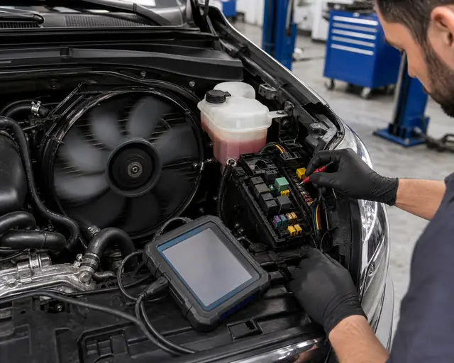 Tecnico che controlla il rel&egrave; della ventola del radiatore e il cablaggio del sensore mentre la ventola di raffreddamento &egrave; in funzione nel vano motore
