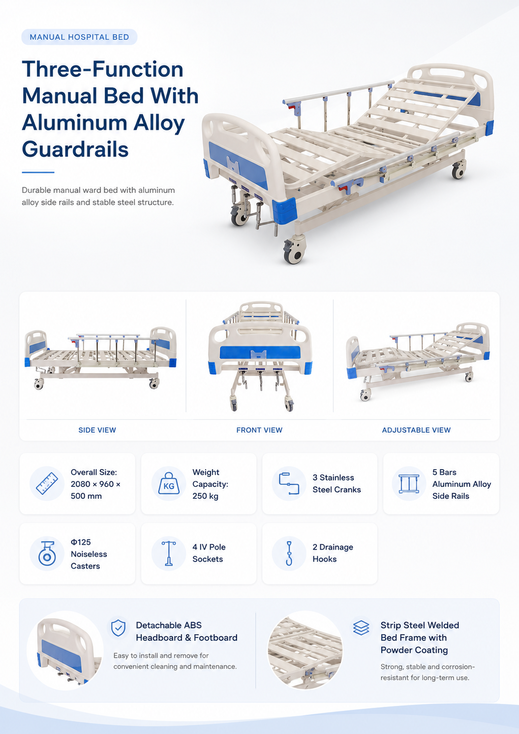 Khung giường bệnh viện A-33-3 Tấm ABS ray hợp kim nh&ocirc;m v&agrave; c&aacute;c chi tiết quay tay