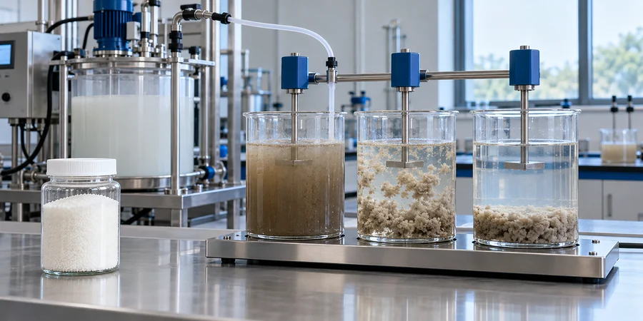 Test př&iacute;pravy polyakrylamidov&eacute;ho PAM a flokulace odpadn&iacute; vody prokazuj&iacute;c&iacute; vyčeřenou vodu a usazen&eacute; pevn&eacute; l&aacute;tky