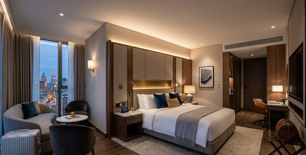 Mobilier fixe d'h&ocirc;tel de luxe et armoires int&eacute;gr&eacute;es dans les chambres d'h&ocirc;tes