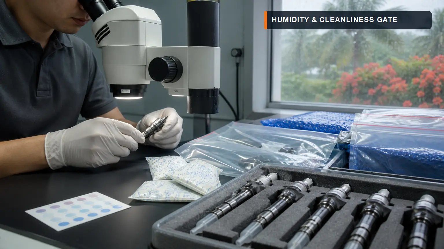 Inspectie van de reinheid van de dieselinjectoren met microscoop, verzegelde zakken, droogmiddel- en vochtigheidsindicatoren