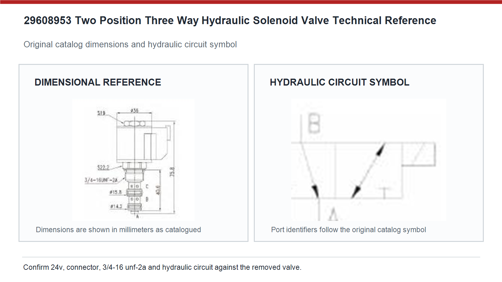29608953 Dimensiuni electrovalve hidraulice cu două poziții și trei căi JCB și diagrama circuitului hidraulic