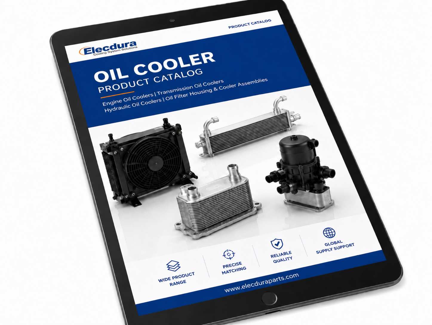 Elecdura oil cooler product catalog displayed on a tablet with engine, transmission, hydraulic and oil filter housing coolers