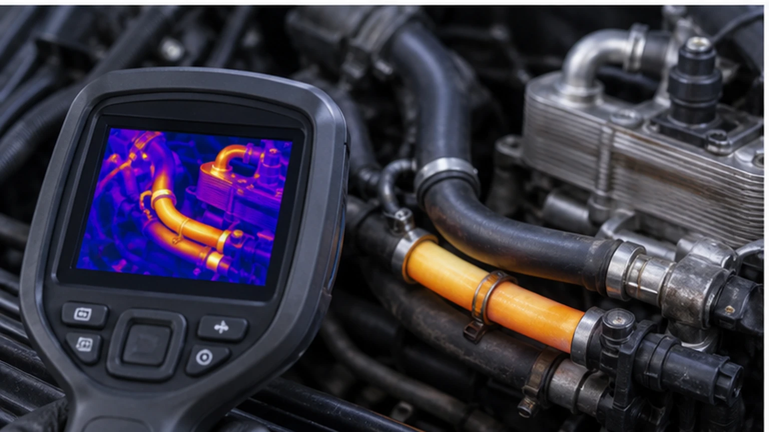 Technik měř&iacute;c&iacute; teploty na vstupu a v&yacute;stupu chladiče motorov&eacute;ho oleje během ř&iacute;zen&eacute;ho zahř&iacute;v&aacute;n&iacute;