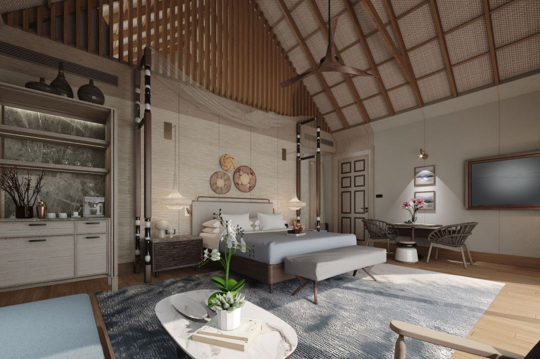 JW Marriott Hotelzimmer mit einer Mischung aus modernen und traditionellen Elementen, einem gem&uuml;tlichen Bett, einer Holzdecke und eleganten M&ouml;beln