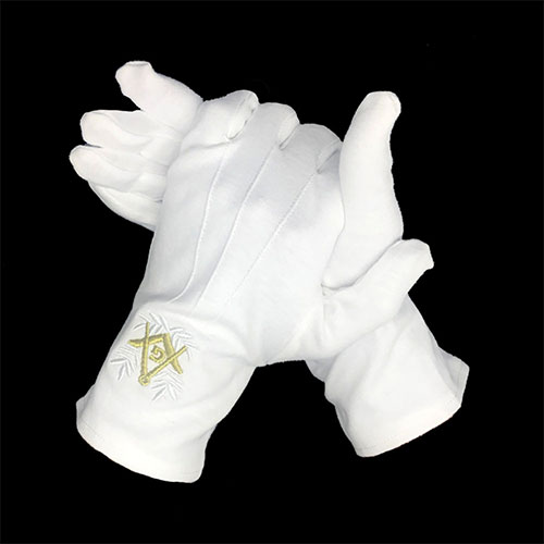 White Cotton Golden Square Compass Freemasons Glove