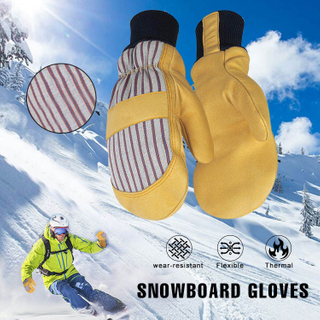 Yellow Pigskin Snowboard Mittens, Thick Insulated Winter Ski Gloves with Drawstring Closure