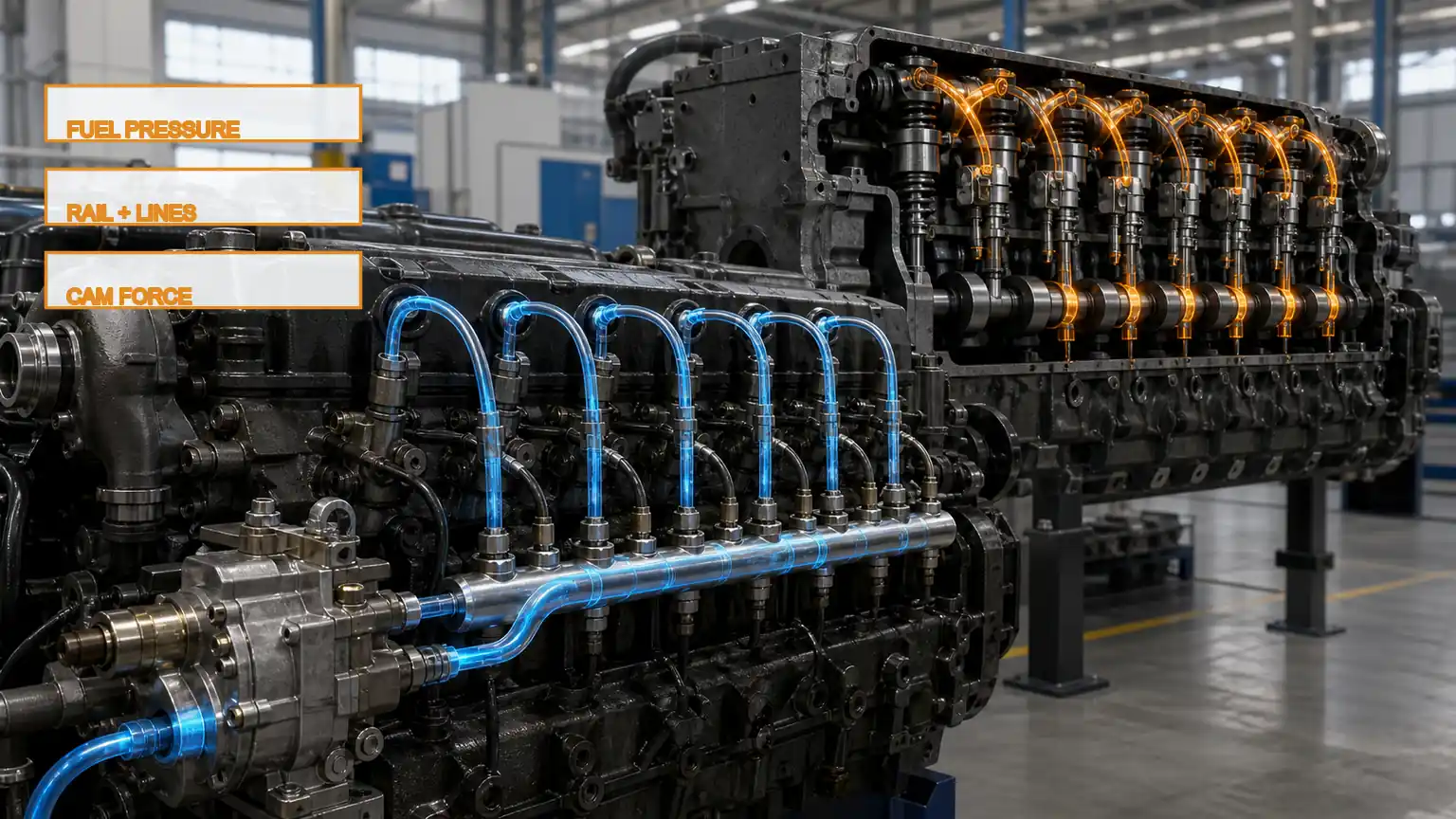 Common-Rail-Druckpfad und Nocken-Kipphebel-Bet&auml;tigung der Pumpe-D&uuml;se-Einheit, dargestellt an zwei Schwerlast Motordemonstratoren.