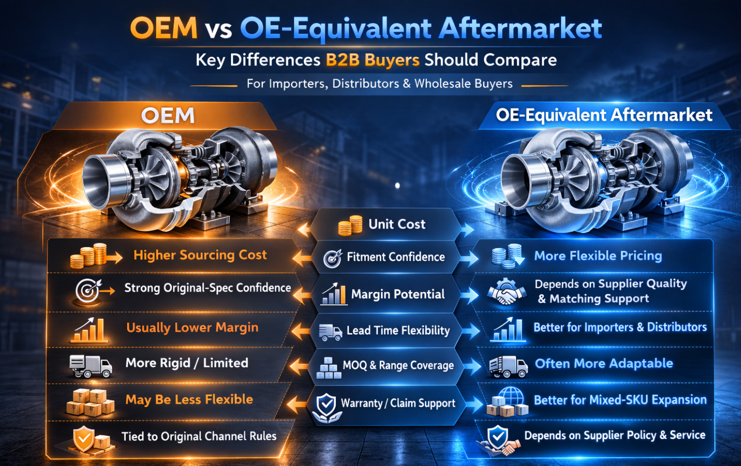 Infografika pro srovn&aacute;n&iacute; turbodmychadel OEM vs ekvivalentn&iacute; OE pro trh s n&aacute;hradn&iacute;mi d&iacute;ly