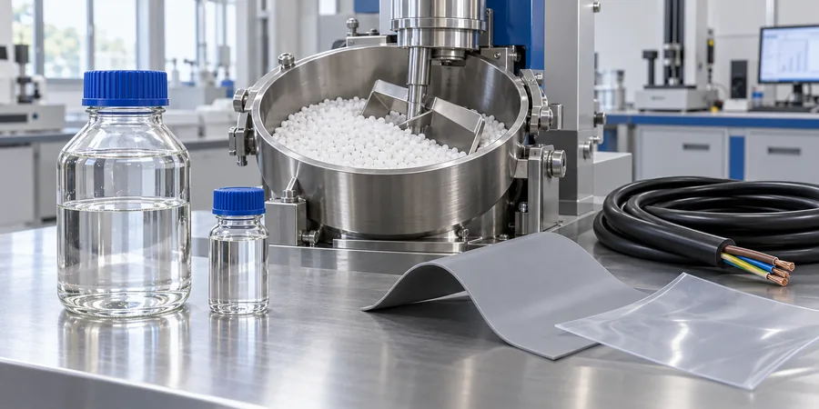 DOP DEHP šķidrais plastifikators ar PVC sveķu maisīšanas iekārtu, elastīgu kabeļu un vinila loksnes paraugiem