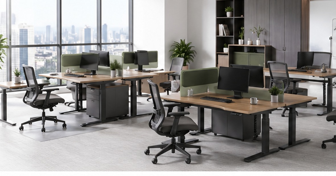 Oficina empresarial moderna con escritorios ergon&oacute;micos, sillas de oficina y estaciones de trabajo de altura ajustable