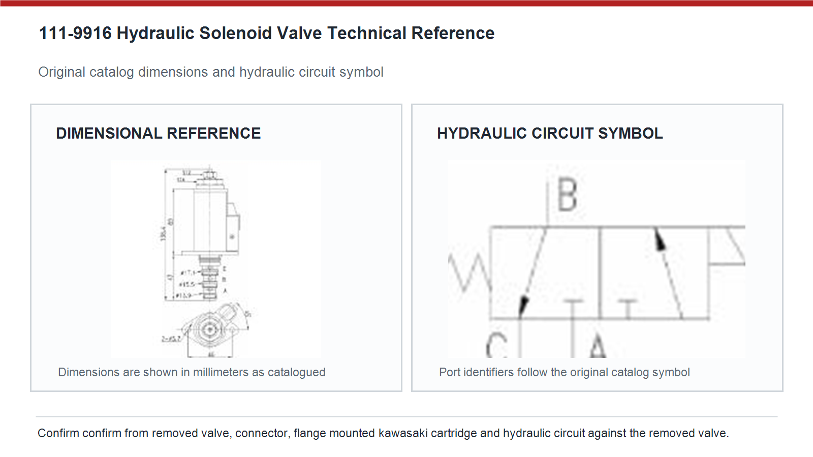 111-9916 Caterpillar hidrolik solenoid valf boyutları ve hidrolik devre şeması