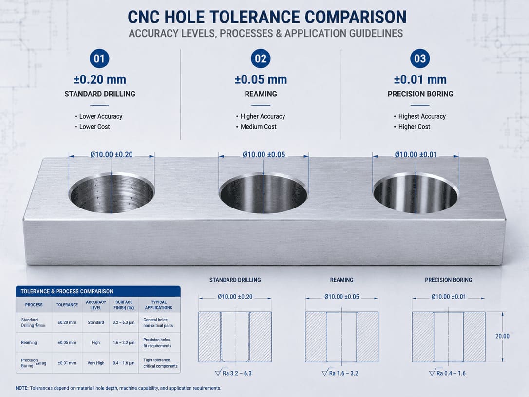 Comparaison des tol&eacute;rances de trou montrant les capacit&eacute;s d'usinage CNC standard, de pr&eacute;cision et de tol&eacute;rance serr&eacute;e.jpg