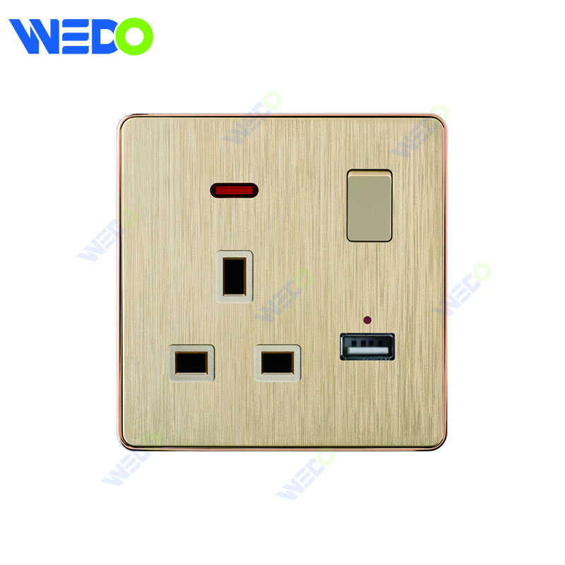C72 China 13A SWITCHED SOCKET WITH NEON+2USB Electric Push Button Light Wall Switch Many Colors White Silver Gold with Chrome