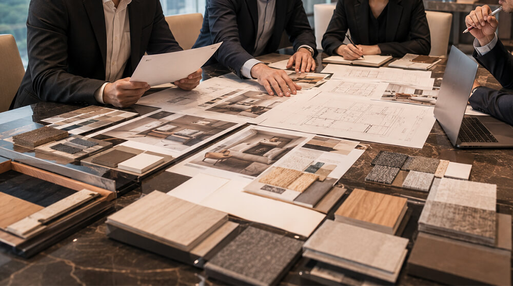 L'&eacute;quipe d'approvisionnement de l'h&ocirc;tel discute des exigences de l'appel d'offres avec le fournisseur de meubles