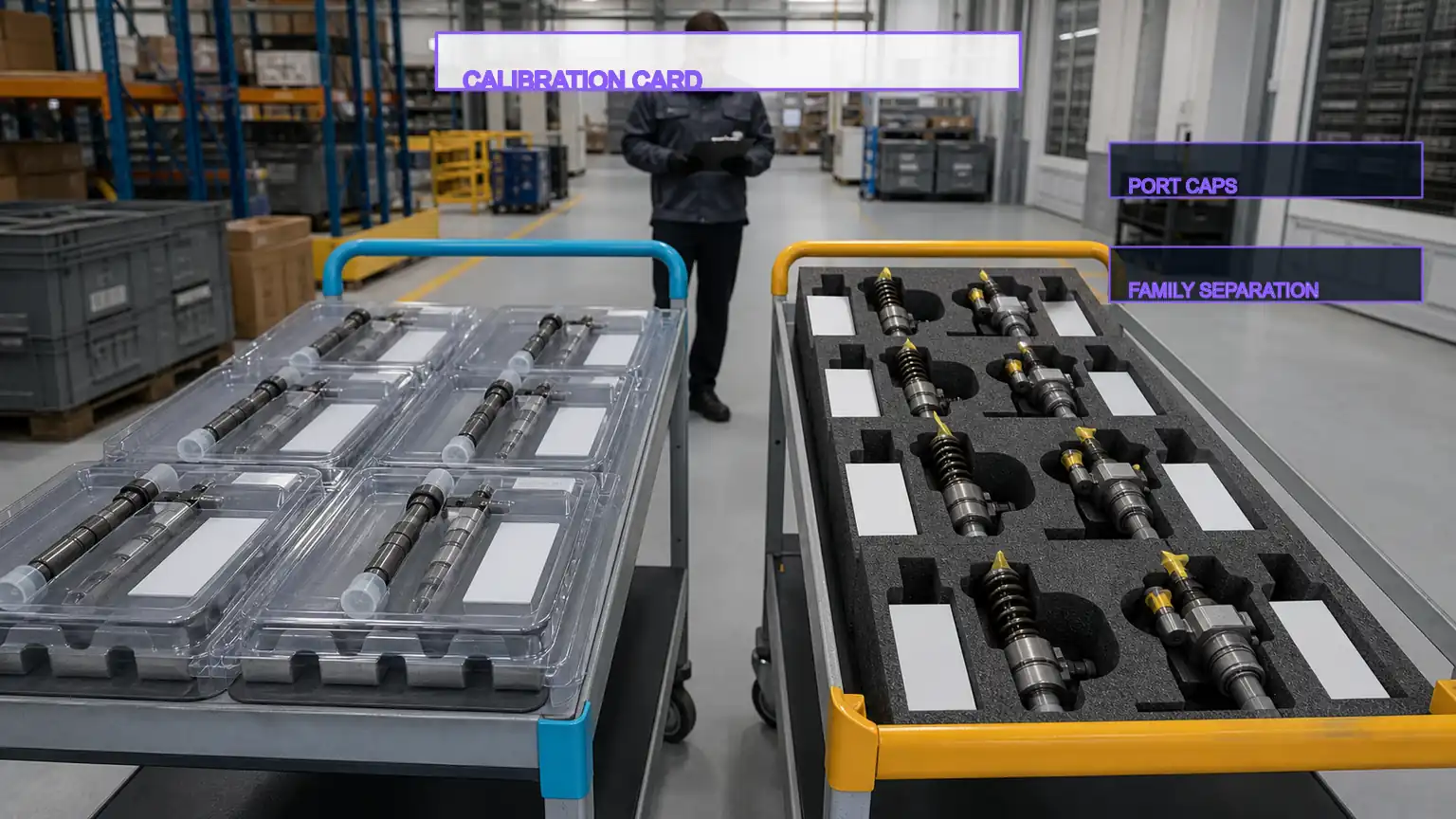 Common-Rail- und Pumpe-D&uuml;se-Produktfamilien werden auf separaten, gesch&uuml;tzten Wagen mit unterschiedlichen Verpackungskontrollen gelagert.